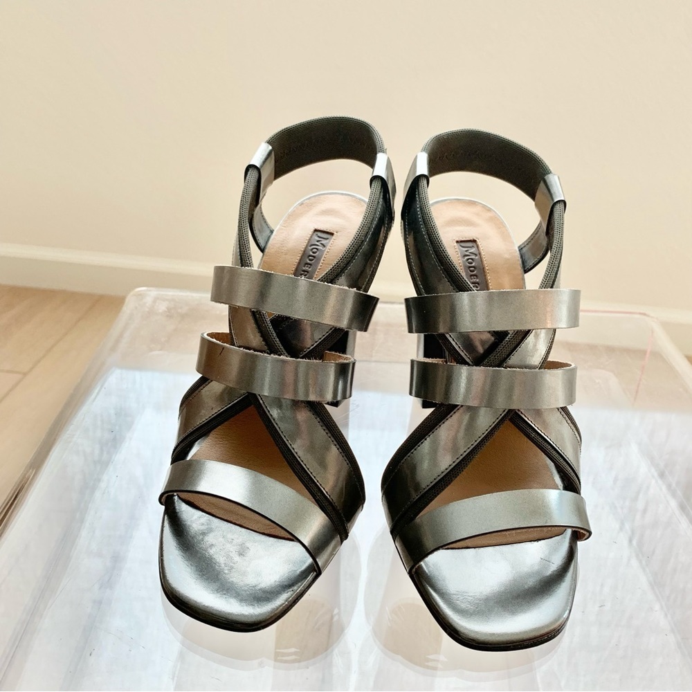 🩶 Gunmetal Strappy Block Heeled Sandals High Heels 7 - Picture 3 of 10
